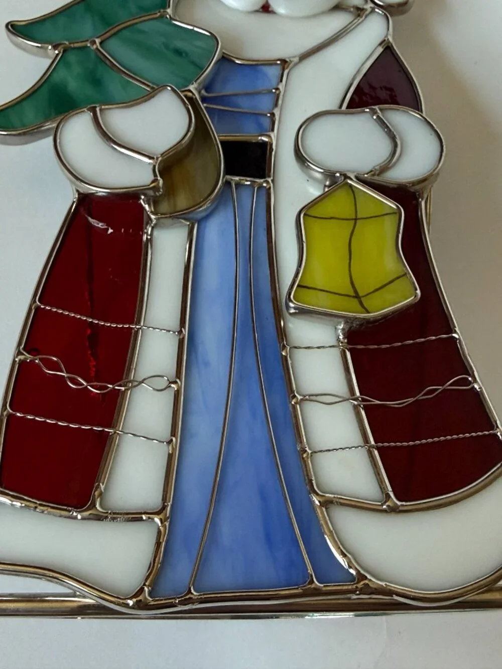 Santa Claus Suncatcher Stained Glass Vintage Tree Lantern Candle Holder Tealight